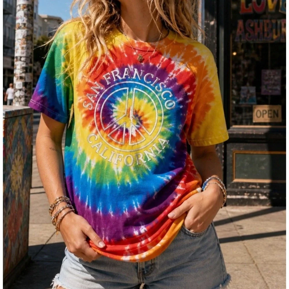 VTG San Francisco California Tie Dye T Shirt Peace Rainbow Tee Sz Med Hippie 90s